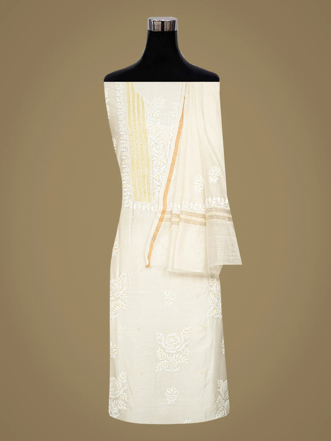Ada Hand Embroidered White Chanderi Lucknowi Chikankari Unstitched Kurta Dupatta Set With Pearl Work 01A825283
