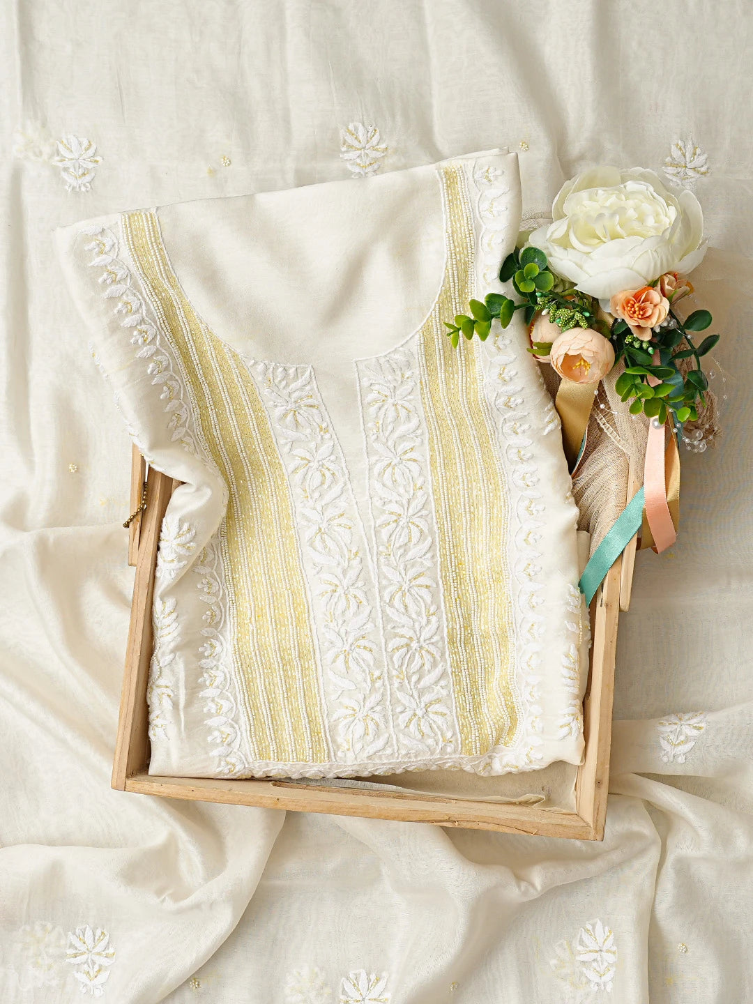Ada Hand Embroidered White Chanderi Lucknowi Chikankari Unstitched Kurta Dupatta Set With Pearl Work 01A825283