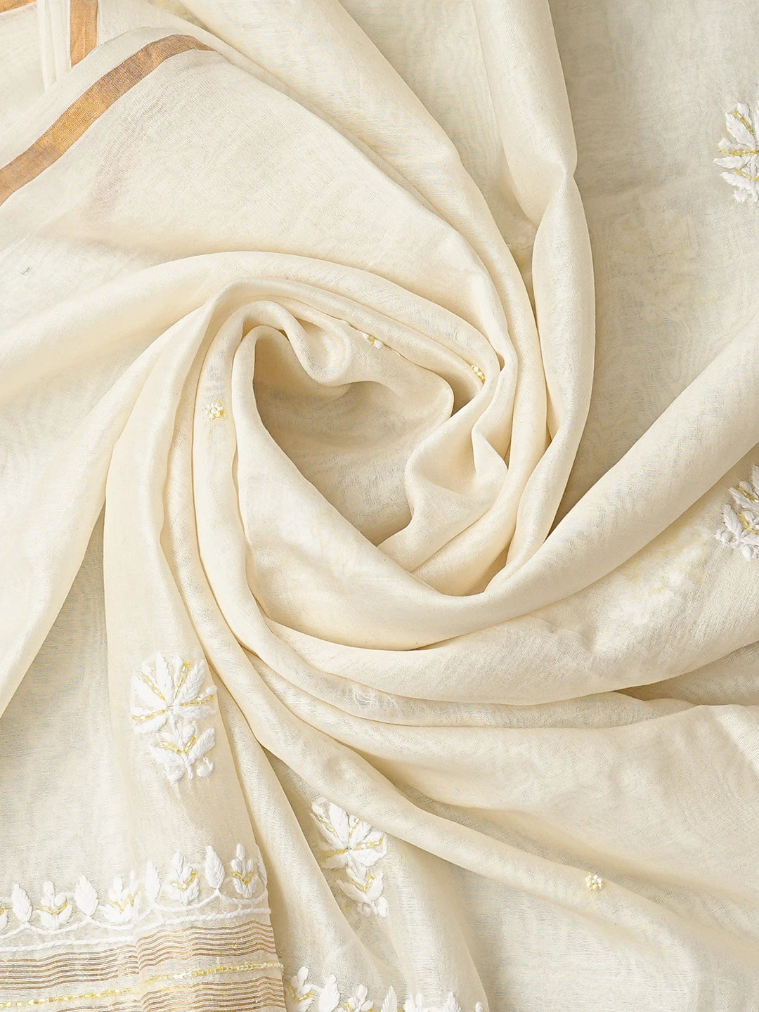 Ada Hand Embroidered White Chanderi Lucknowi Chikankari Unstitched Kurta Dupatta Set With Pearl Work 01A825283