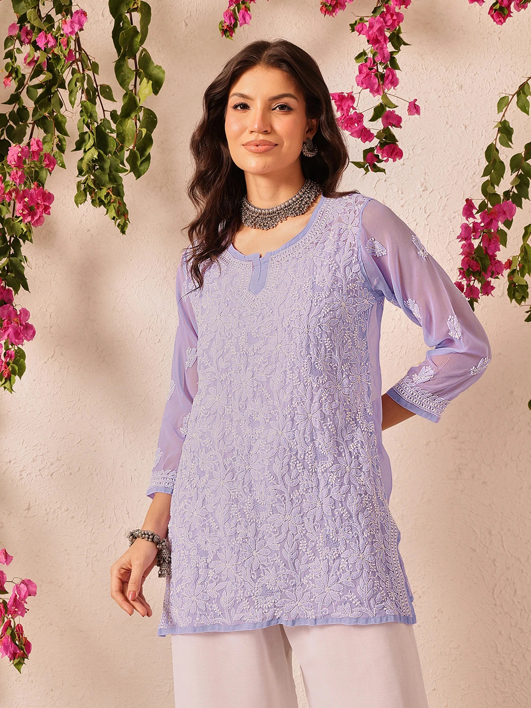 Ada Hand Embroidered Mauve Georgette Lucknowi Chikankari Short Kurti A911496