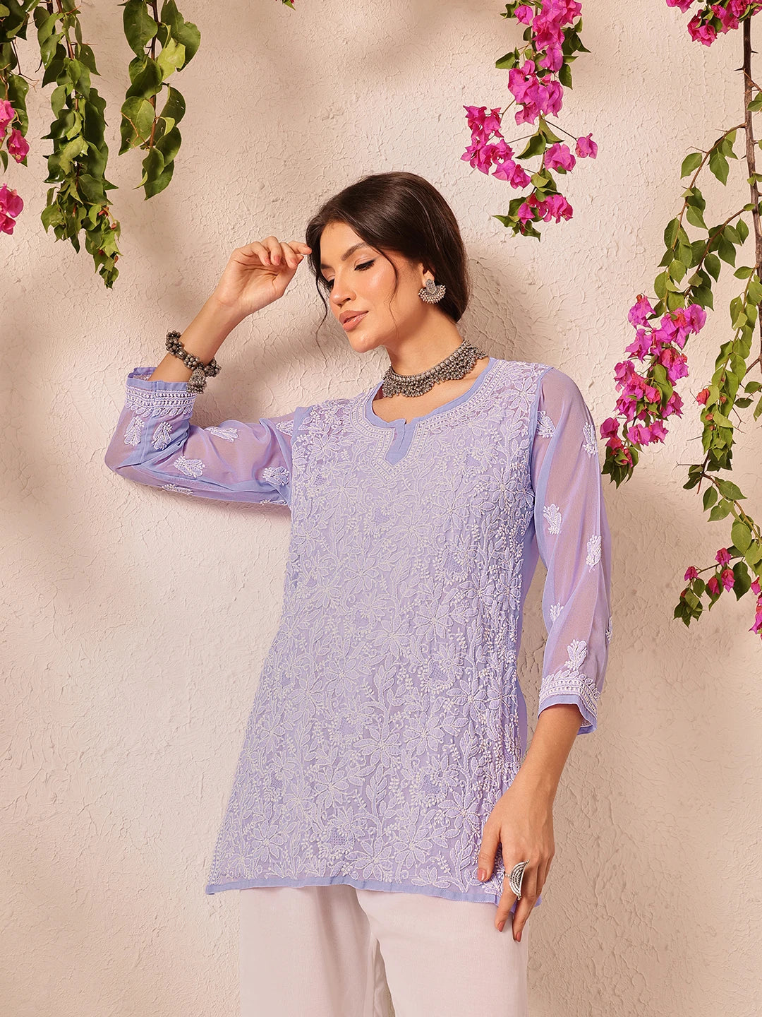 Ada Hand Embroidered Mauve Georgette Lucknowi Chikankari Short Kurti A911496