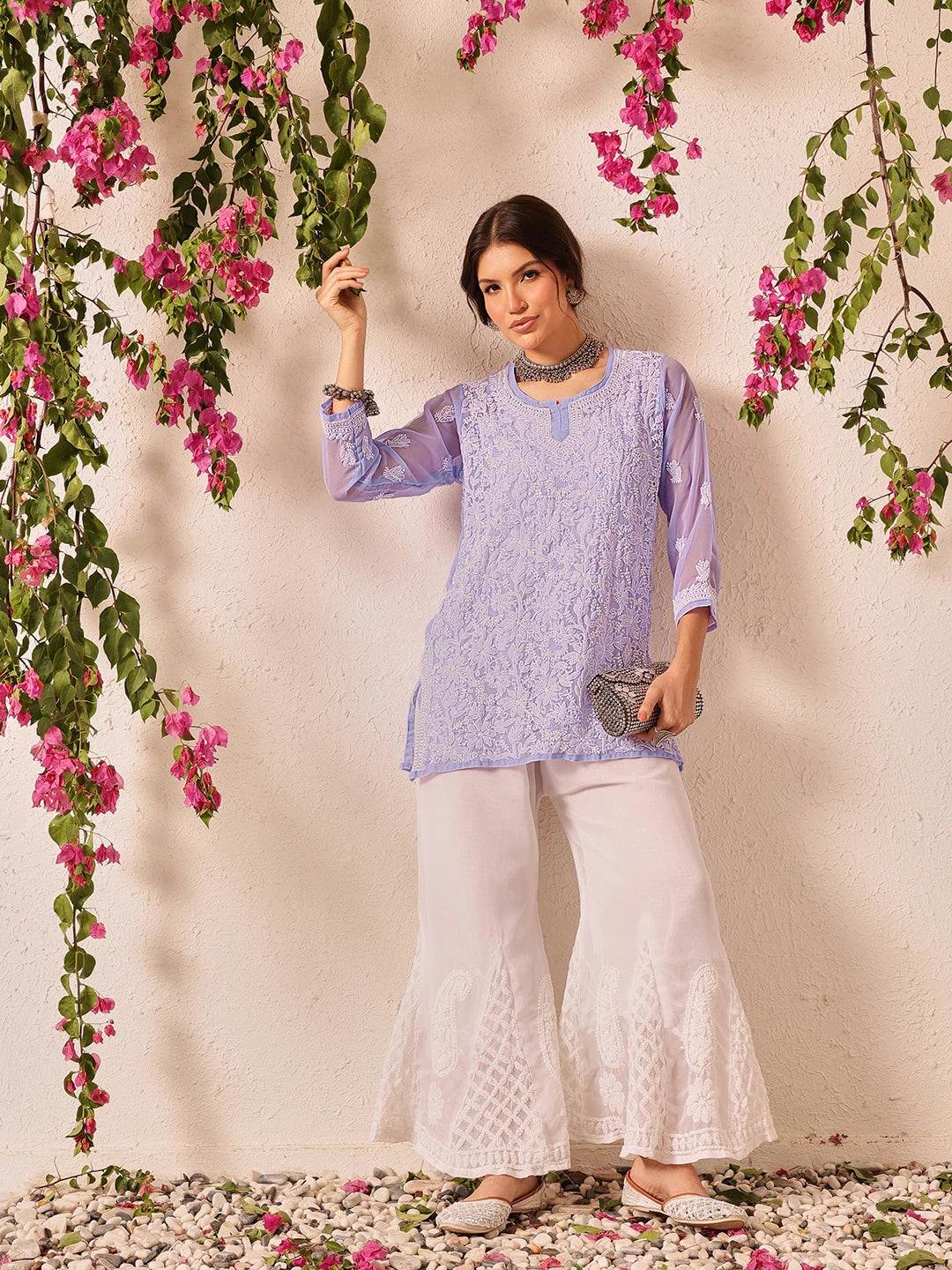 Ada Hand Embroidered Mauve Georgette Lucknowi Chikankari Short Kurti A911496