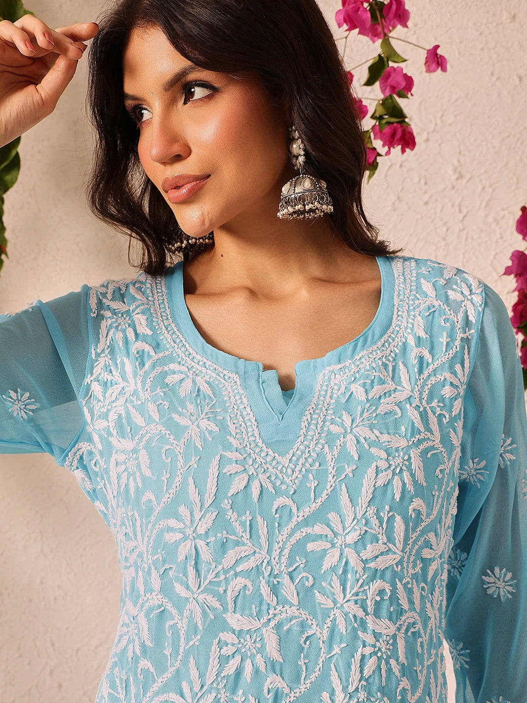 Ada Hand Embroidered Blue Georgette Lucknowi Chikankari Straight Kurta With Slip A90358