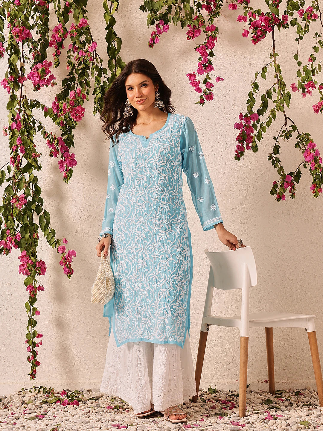 Ada Hand Embroidered Blue Georgette Lucknowi Chikankari Straight Kurta With Slip A90358