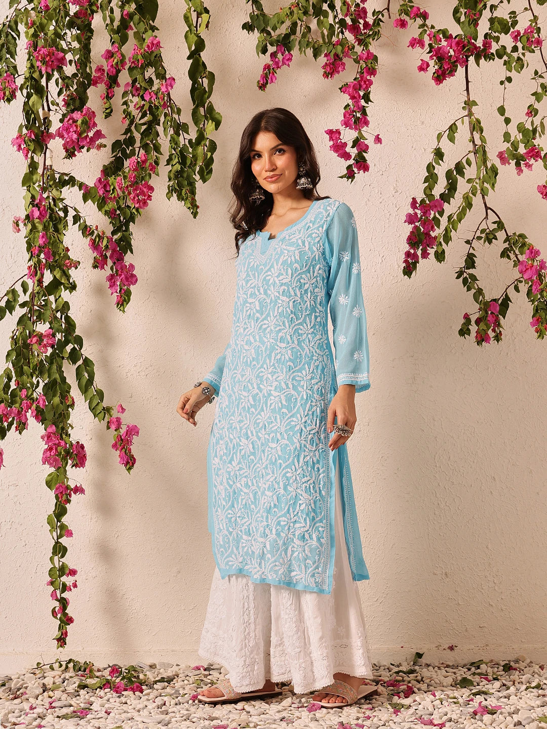 Ada Hand Embroidered Blue Georgette Lucknowi Chikankari Straight Kurta With Slip A90358