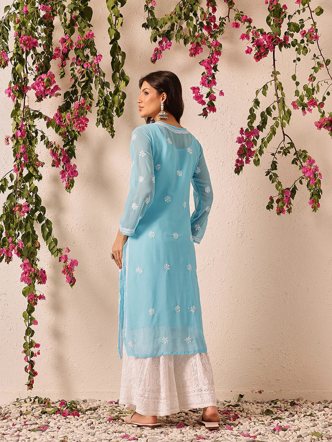 Ada Hand Embroidered Blue Georgette Lucknowi Chikankari Straight Kurta With Slip A90358