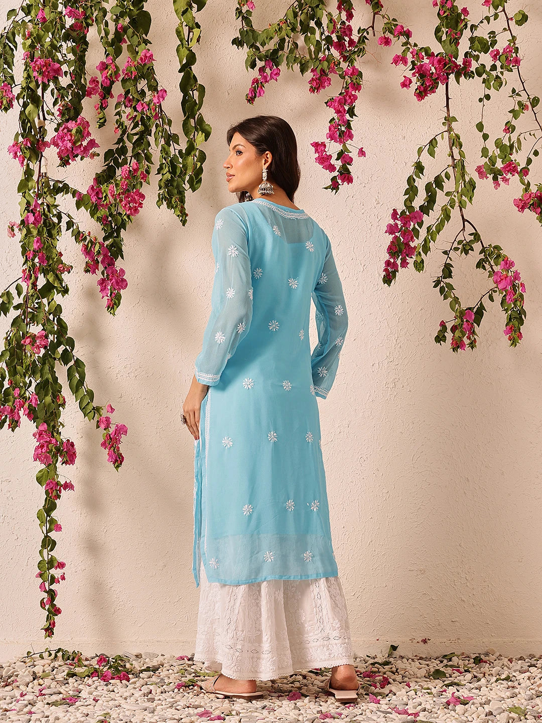 Ada Hand Embroidered Blue Georgette Lucknowi Chikankari Straight Kurta With Slip A90358
