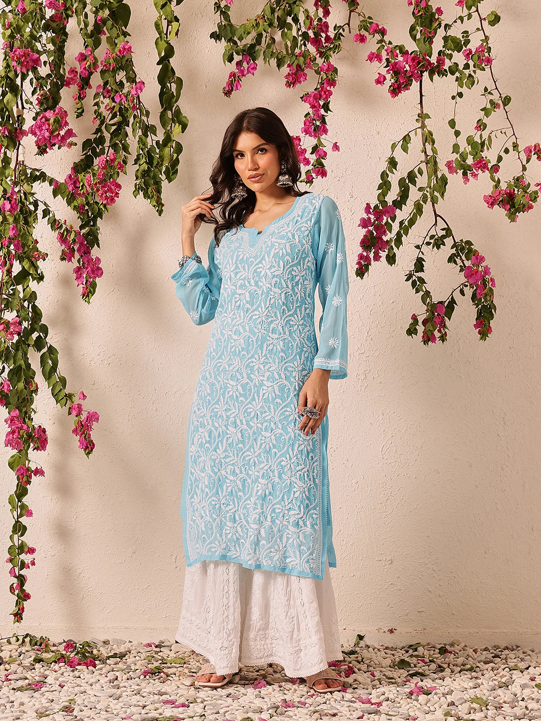 Ada Hand Embroidered Blue Georgette Lucknowi Chikankari Straight Kurta With Slip A90358