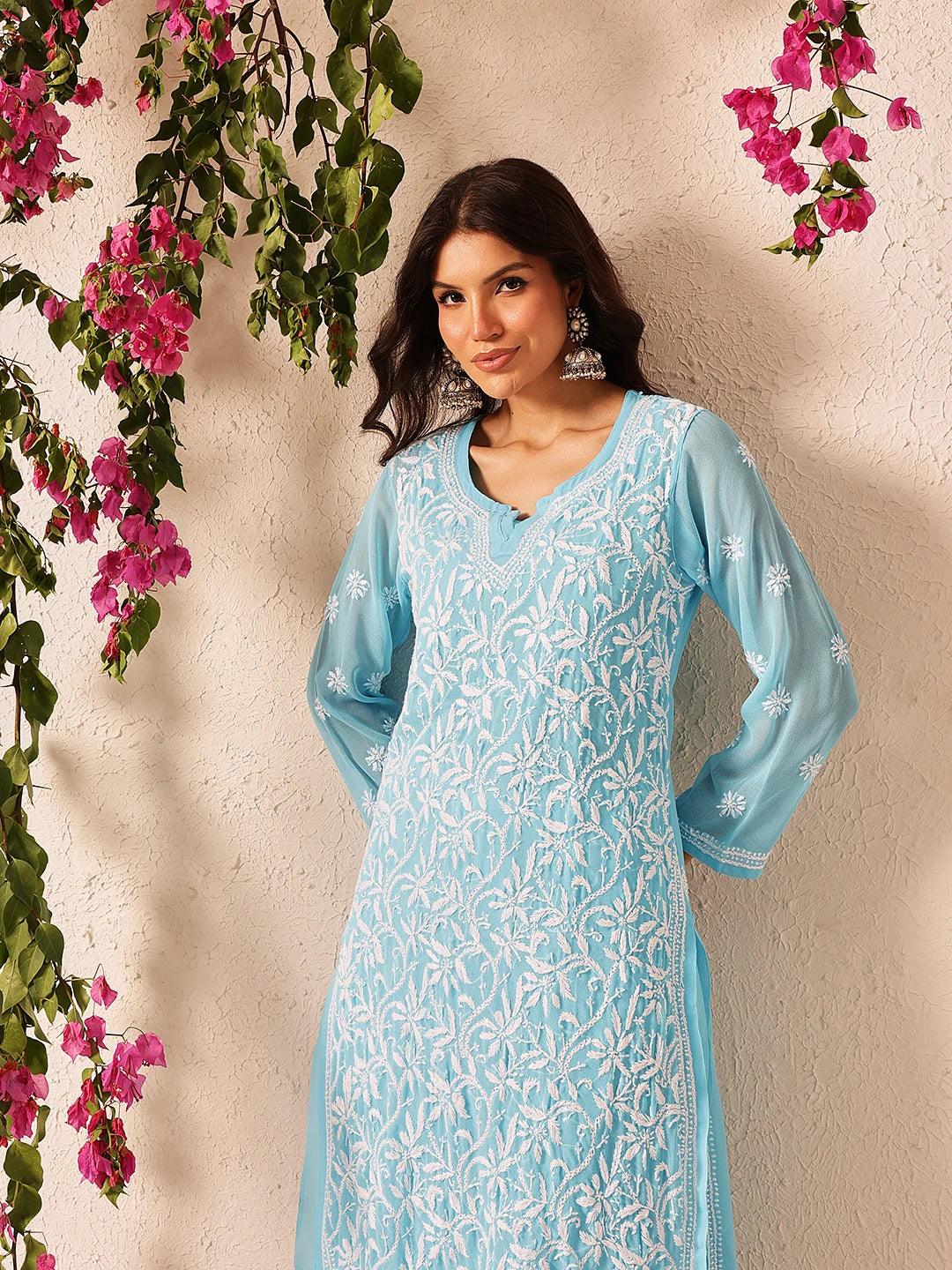 Ada Hand Embroidered Blue Georgette Lucknowi Chikankari Straight Kurta With Slip A90358