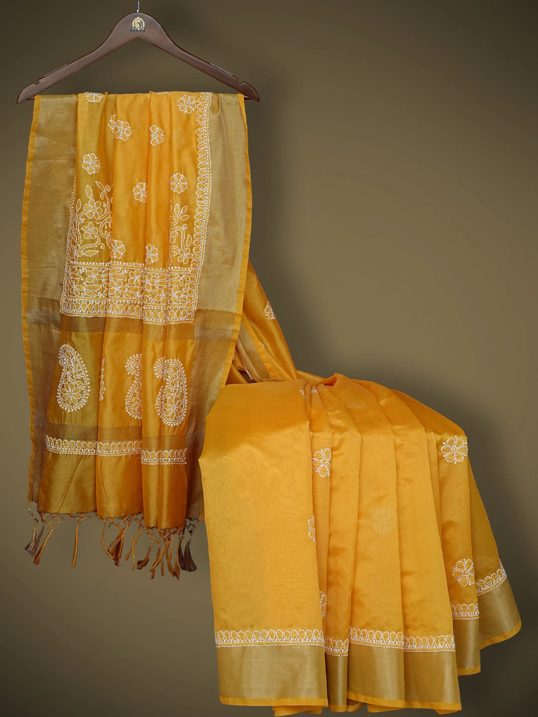 Ada Hand Embroidered Gamboge Yellow Chanderi Lucknowi Chikankari Saree and Blouse 01A809500