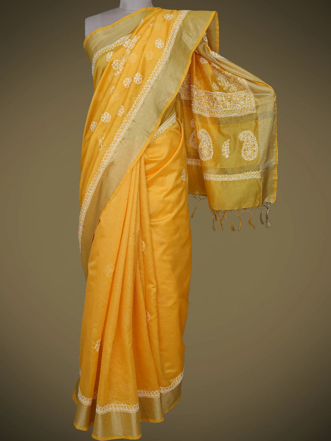 Ada Hand Embroidered Gamboge Yellow Chanderi Lucknowi Chikankari Saree and Blouse 01A809500
