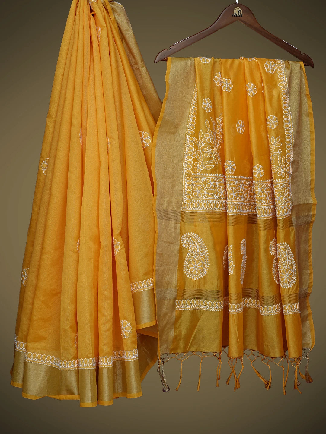Ada Hand Embroidered Gamboge Yellow Chanderi Lucknowi Chikankari Saree and Blouse 01A809500