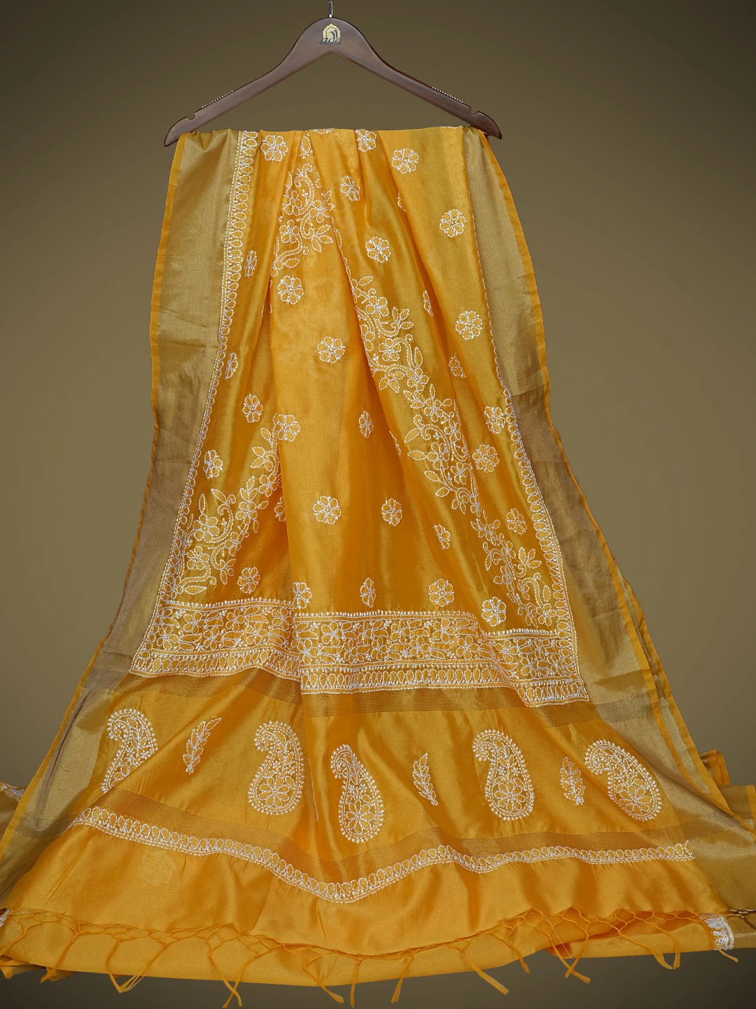 Ada Hand Embroidered Gamboge Yellow Chanderi Lucknowi Chikankari Saree and Blouse 01A809500