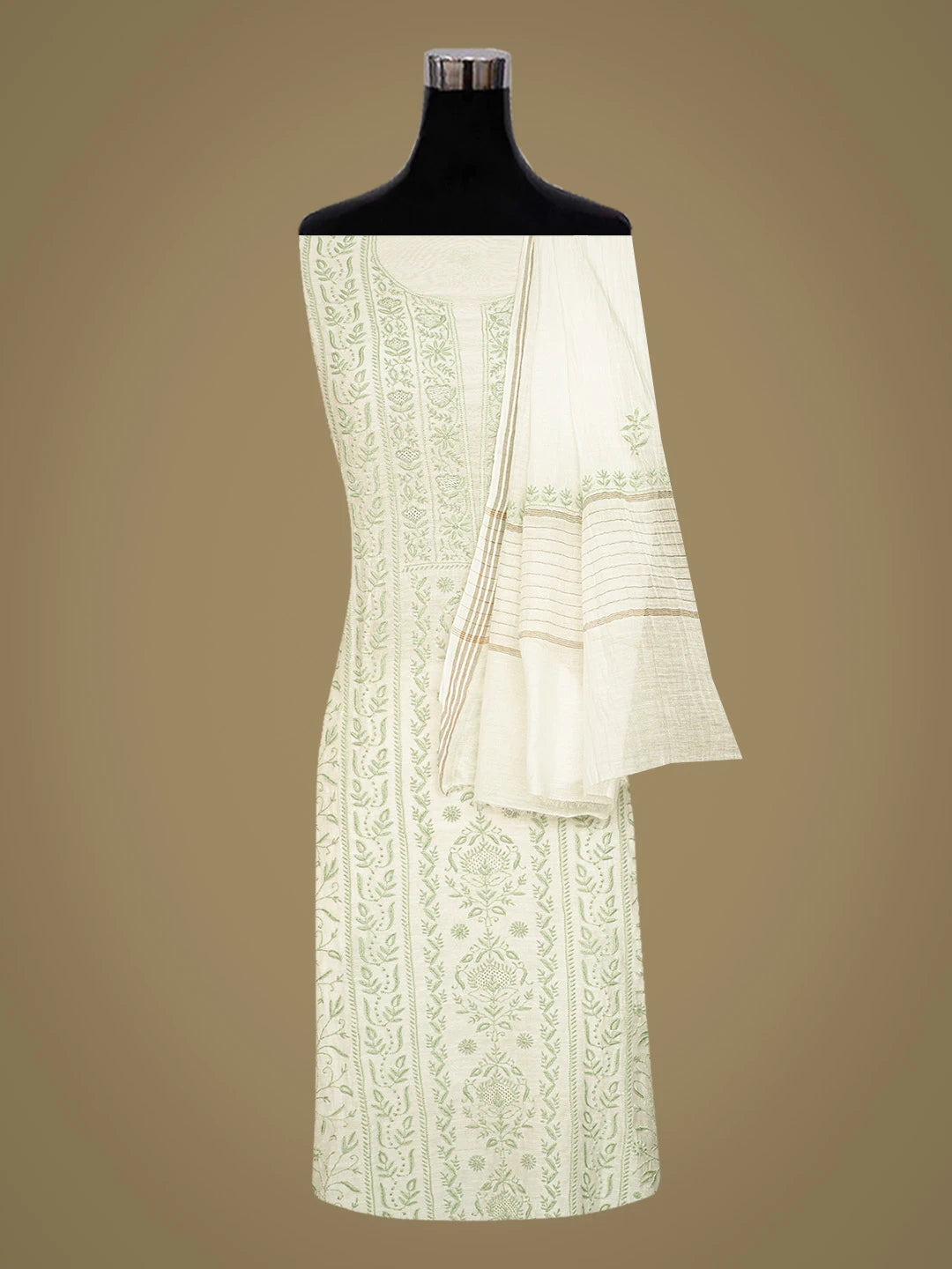 Ada Hand Embroidered White Chanderi Lucknowi Chikankari Unstitched Kurta Dupatta Set 01A821742