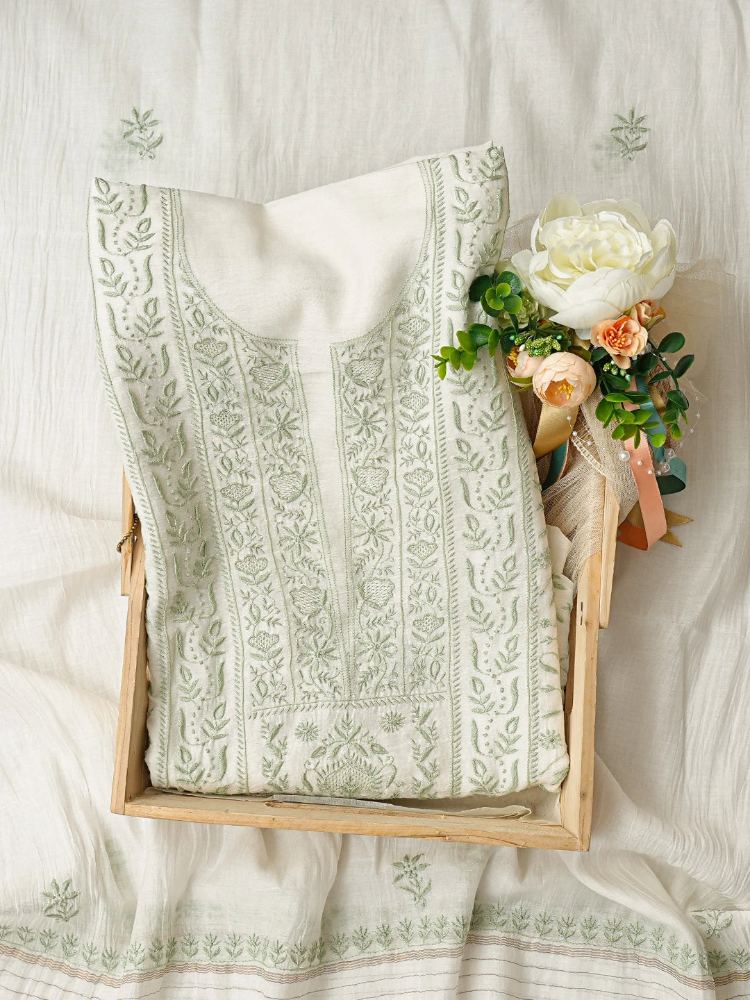 Ada Hand Embroidered White Chanderi Lucknowi Chikankari Unstitched Kurta Dupatta Set 01A821742