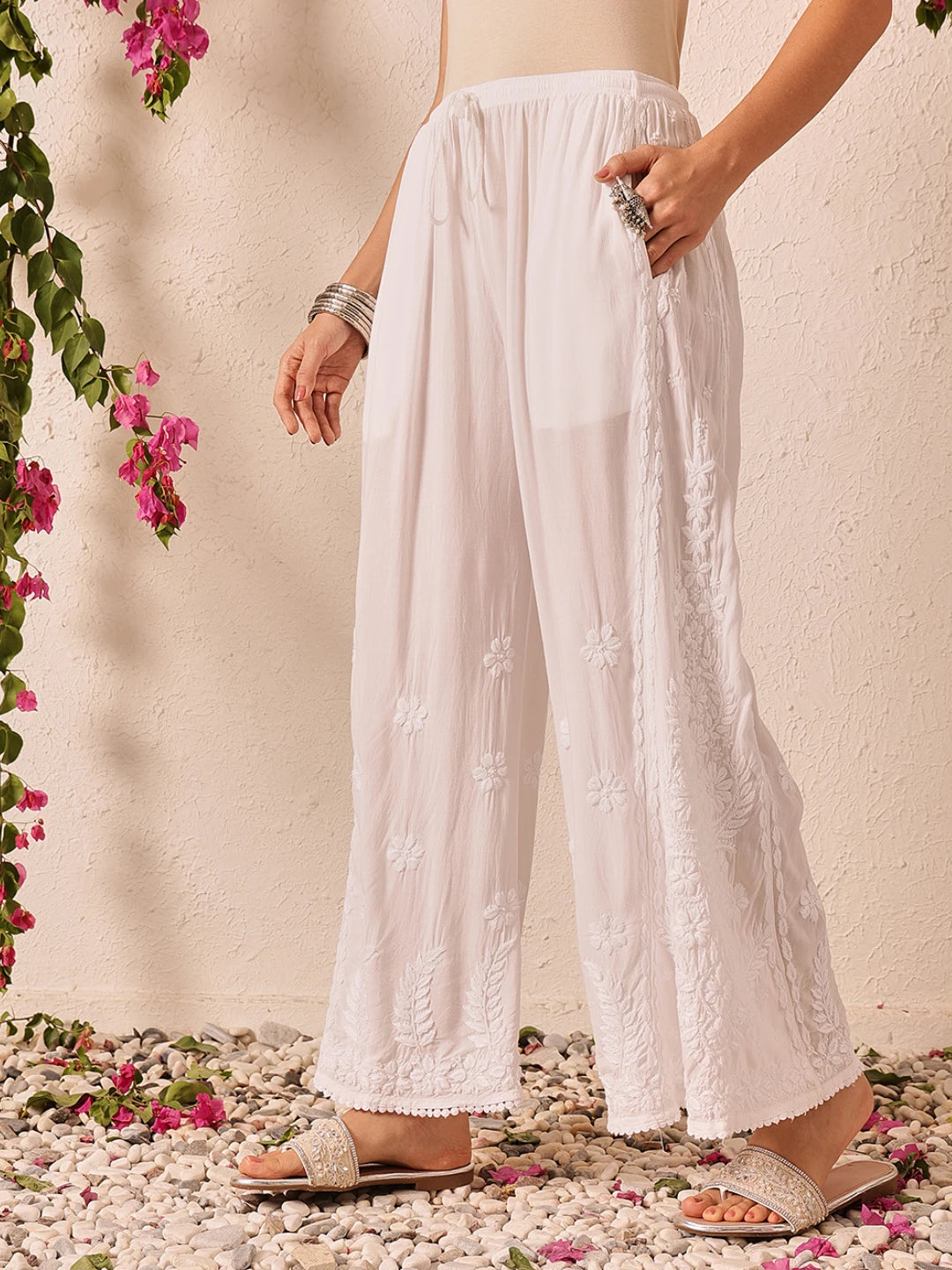Ada Hand Embroidered White Modal Lucknowi Chikankari Palazzo A711198