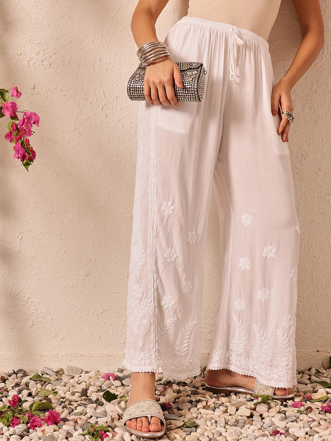 Ada Hand Embroidered White Modal Lucknowi Chikankari Palazzo A711198