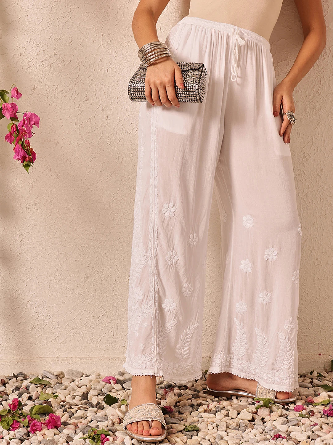 Ada Hand Embroidered White Modal Lucknowi Chikankari Palazzo A711198