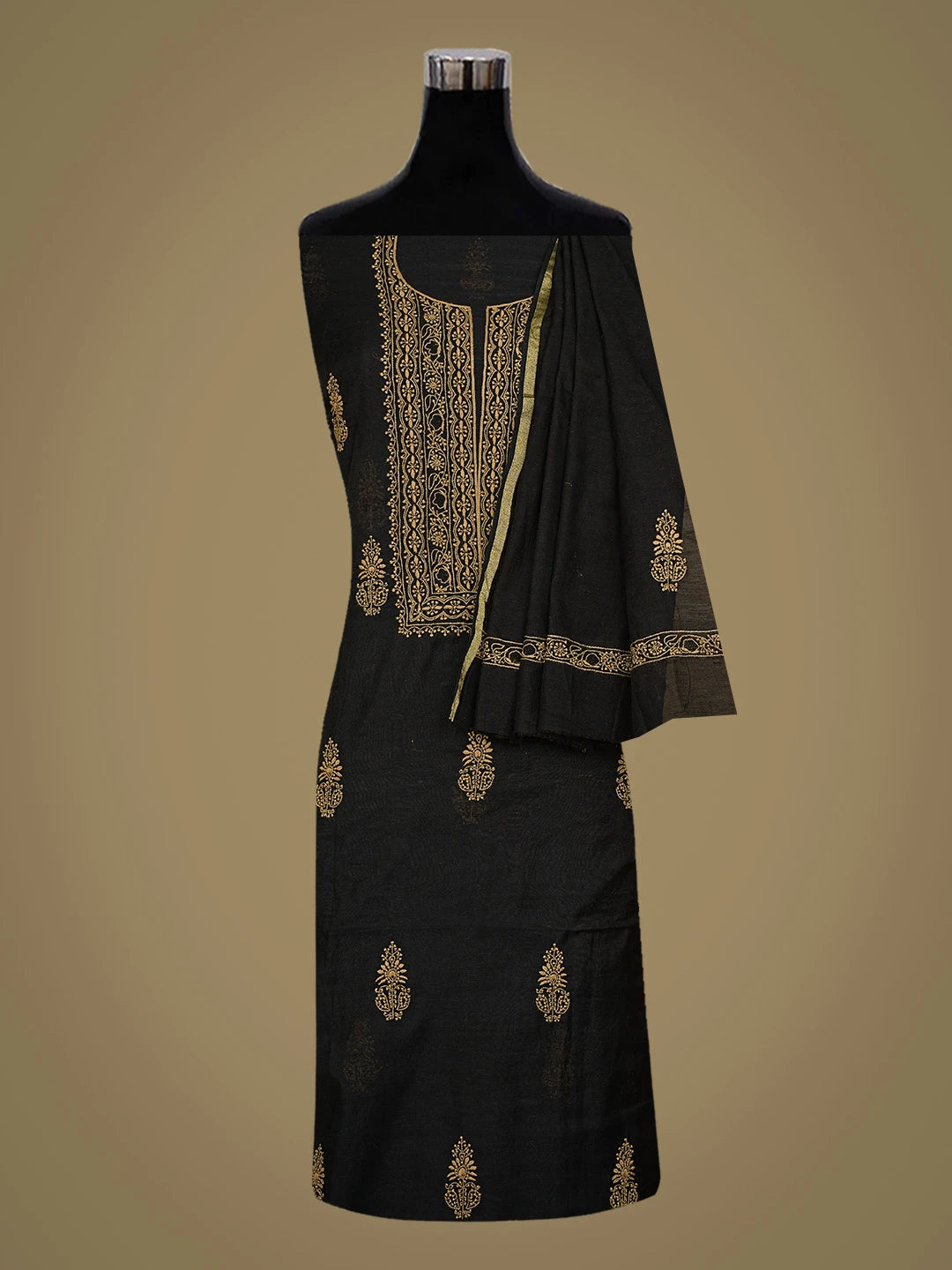 Ada Hand Embroidered Black Chanderi Lucknowi Chikankari Unstitched Kurta Dupatta Set 01A752339