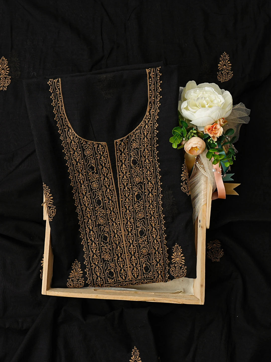 Ada Hand Embroidered Black Chanderi Lucknowi Chikankari Unstitched Kurta Dupatta Set 01A752339