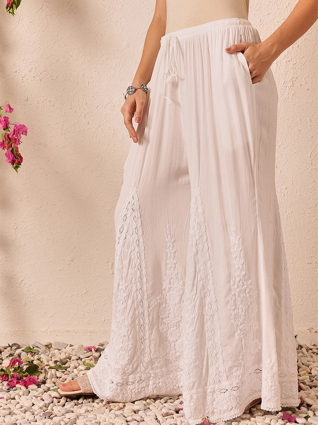 Ada Hand Embroidered White Modal Lucknowi Chikankari Palazzo A711199