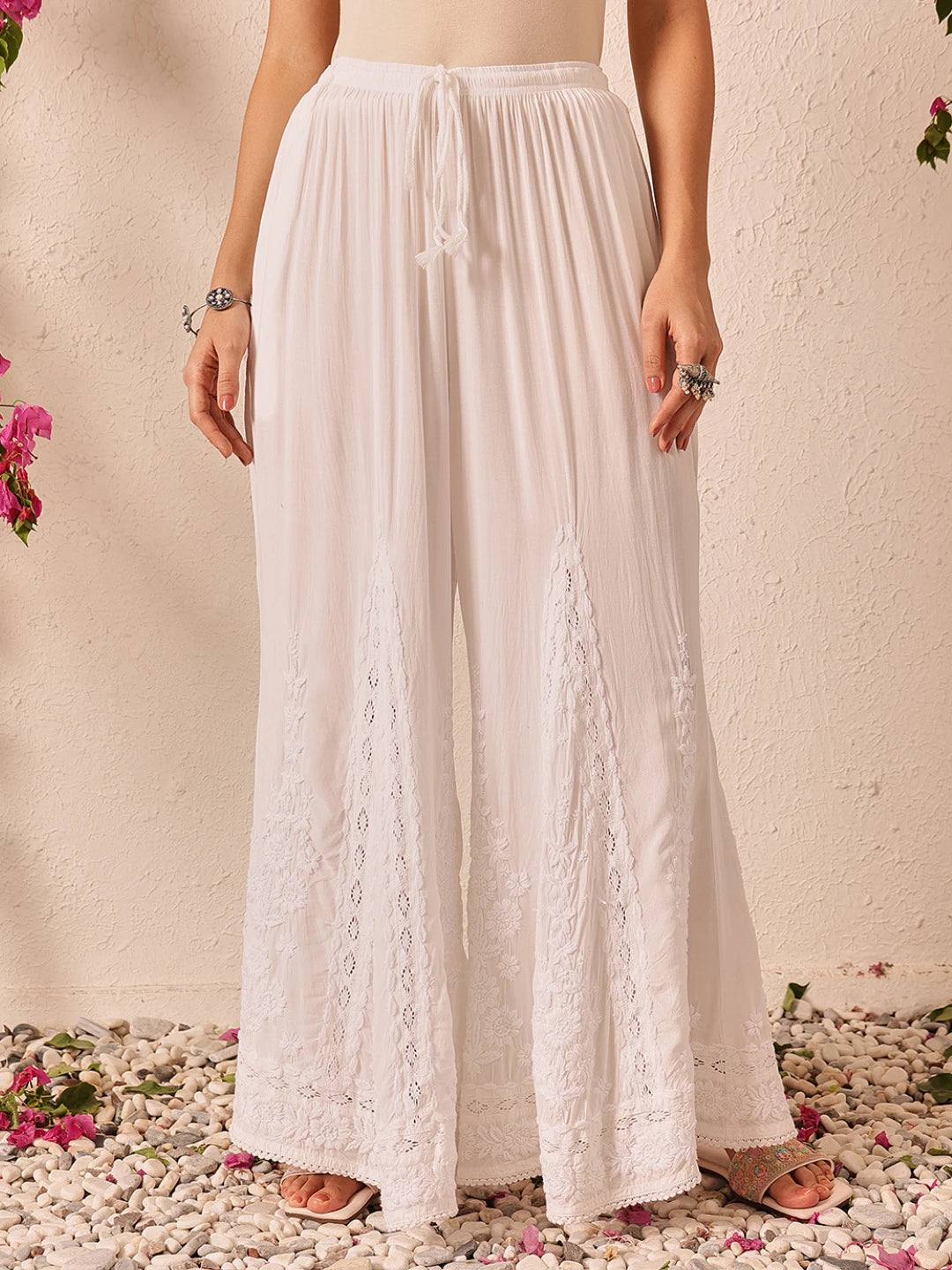 Ada Hand Embroidered White Modal Lucknowi Chikankari Palazzo A711199