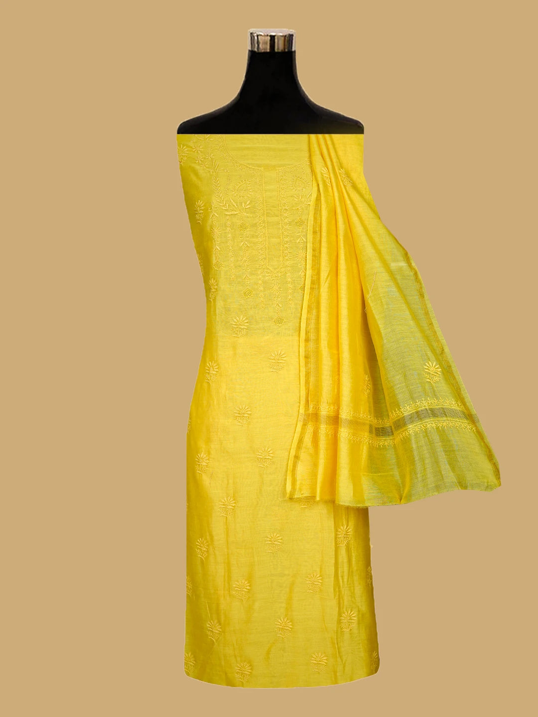 Ada Hand Embroidered Yellow Chanderi Lucknowi Chikankari Unstitched Kurta Dupatta Set 01A776153