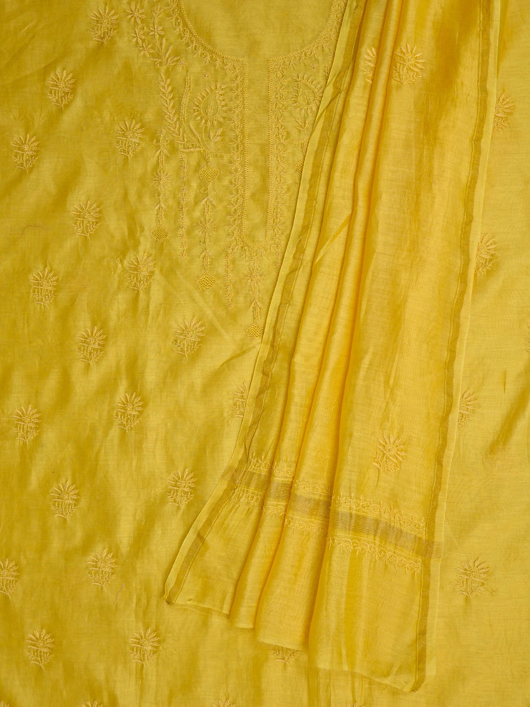 Ada Hand Embroidered Yellow Chanderi Lucknowi Chikankari Unstitched Kurta Dupatta Set 01A776153