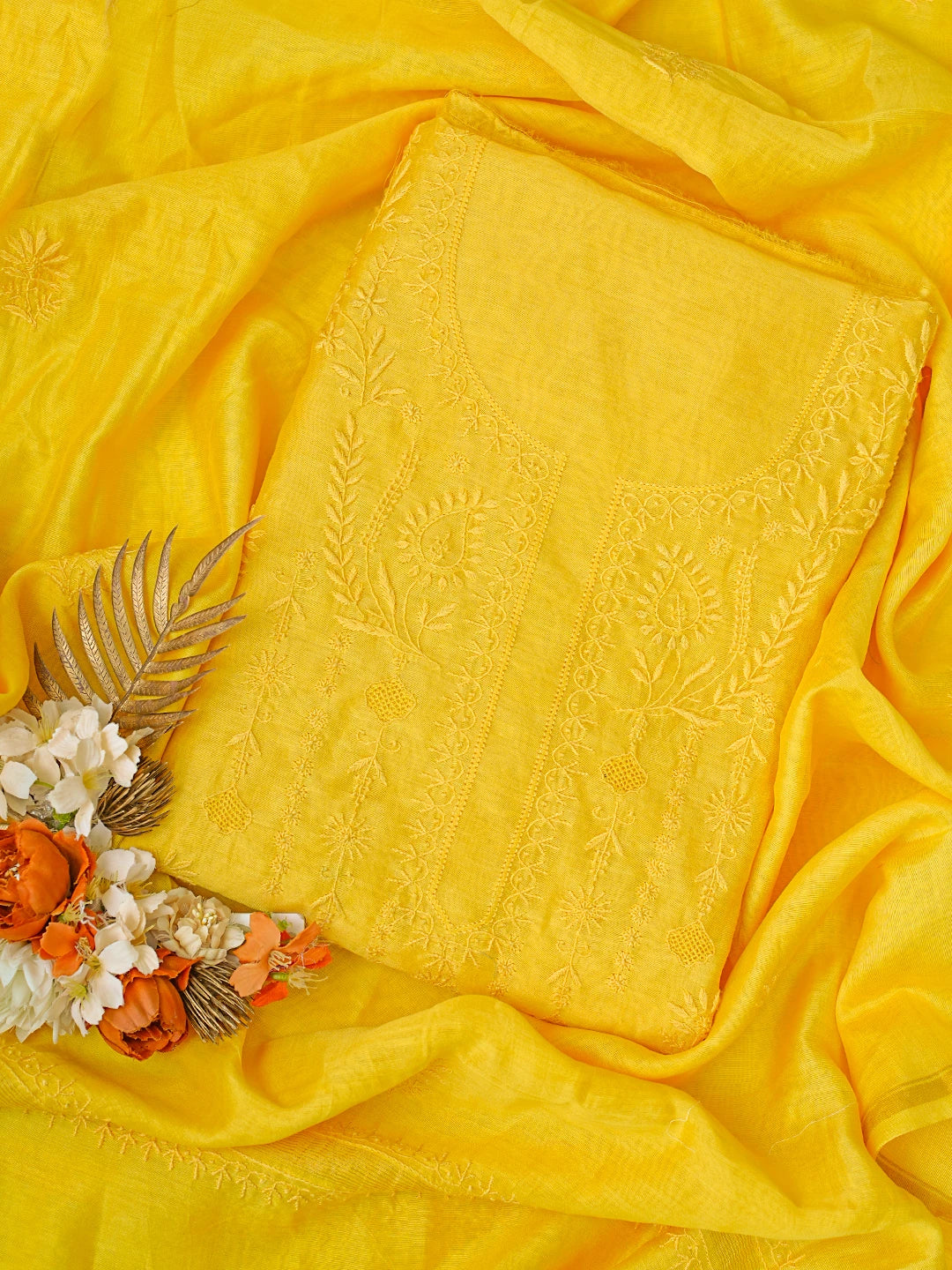 Ada Hand Embroidered Yellow Chanderi Lucknowi Chikankari Unstitched Kurta Dupatta Set 01A776153