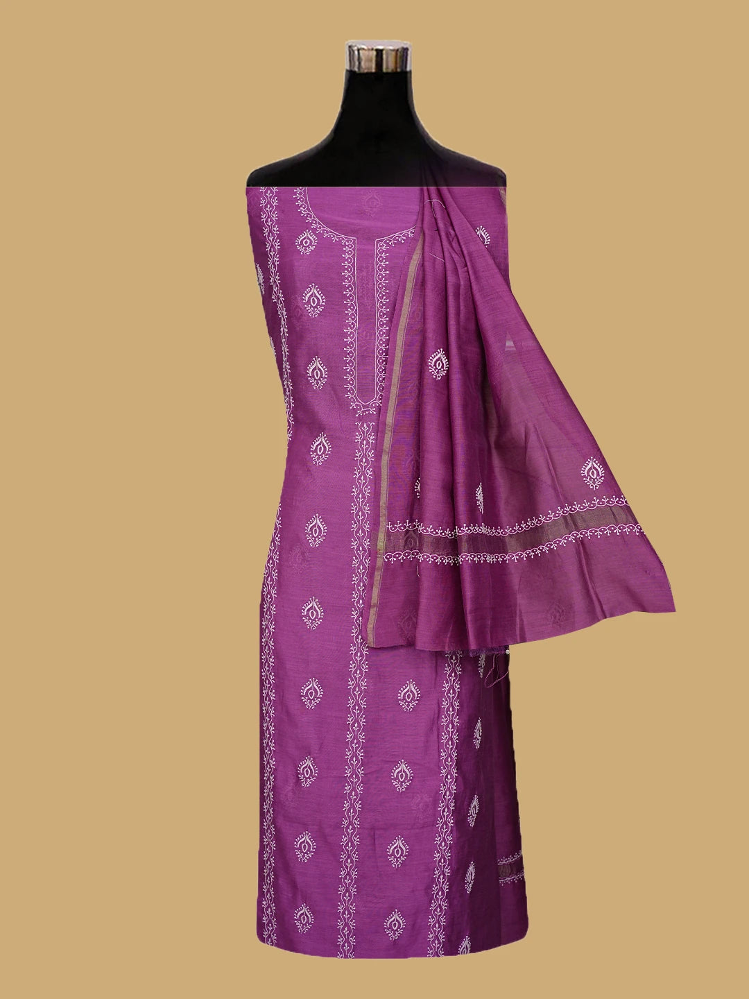 Ada Hand Embroidered Purple Chanderi Lucknowi Chikankari Unstitched Kurta Dupatta Set 01A817039