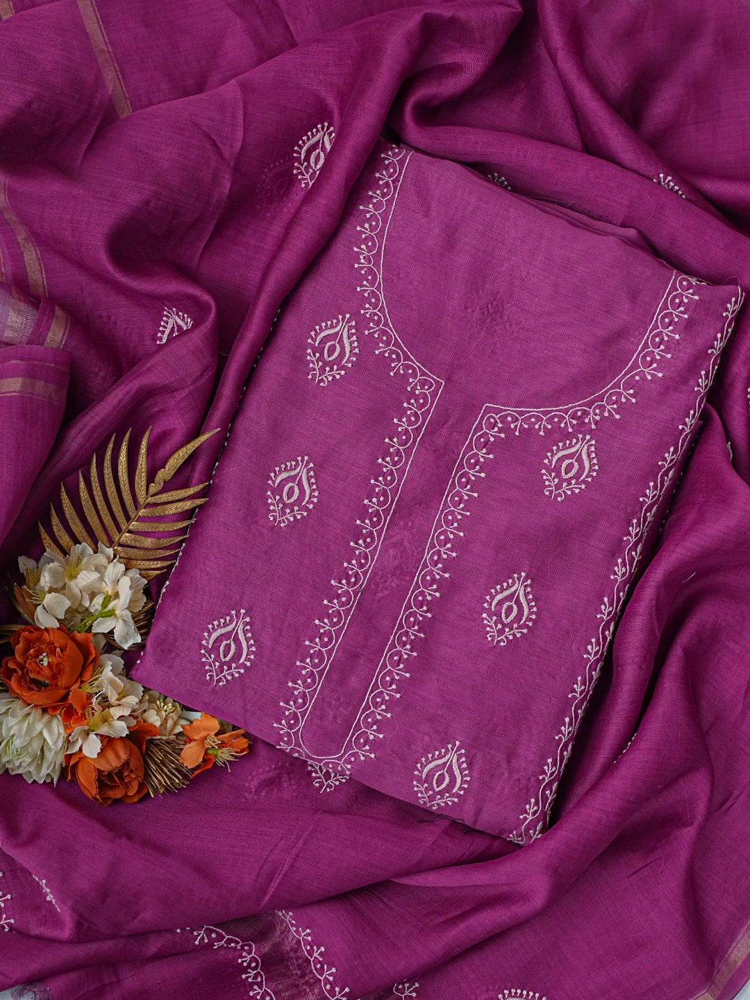 Ada Hand Embroidered Purple Chanderi Lucknowi Chikankari Unstitched Kurta Dupatta Set 01A817039