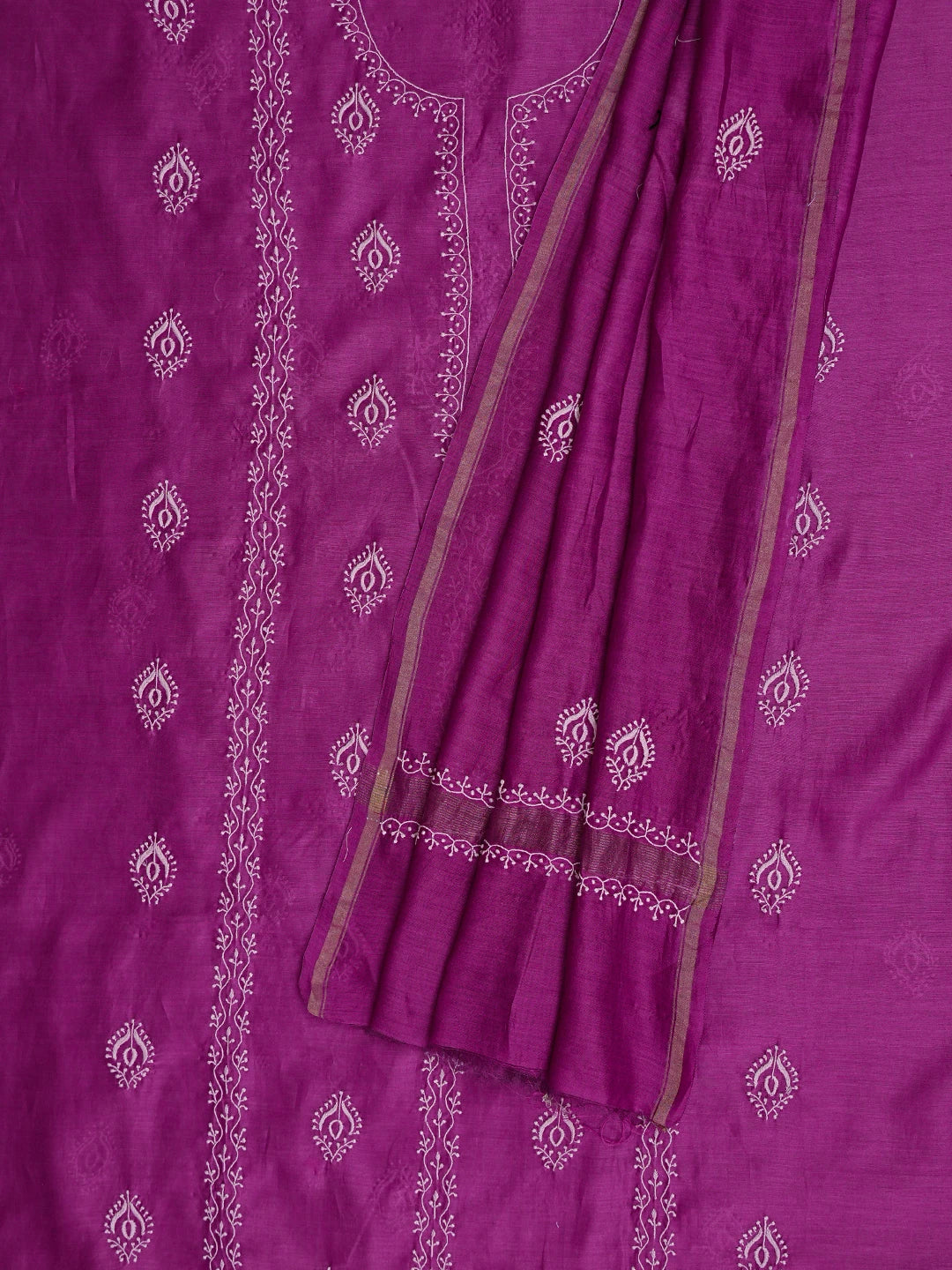 Ada Hand Embroidered Purple Chanderi Lucknowi Chikankari Unstitched Kurta Dupatta Set 01A817039
