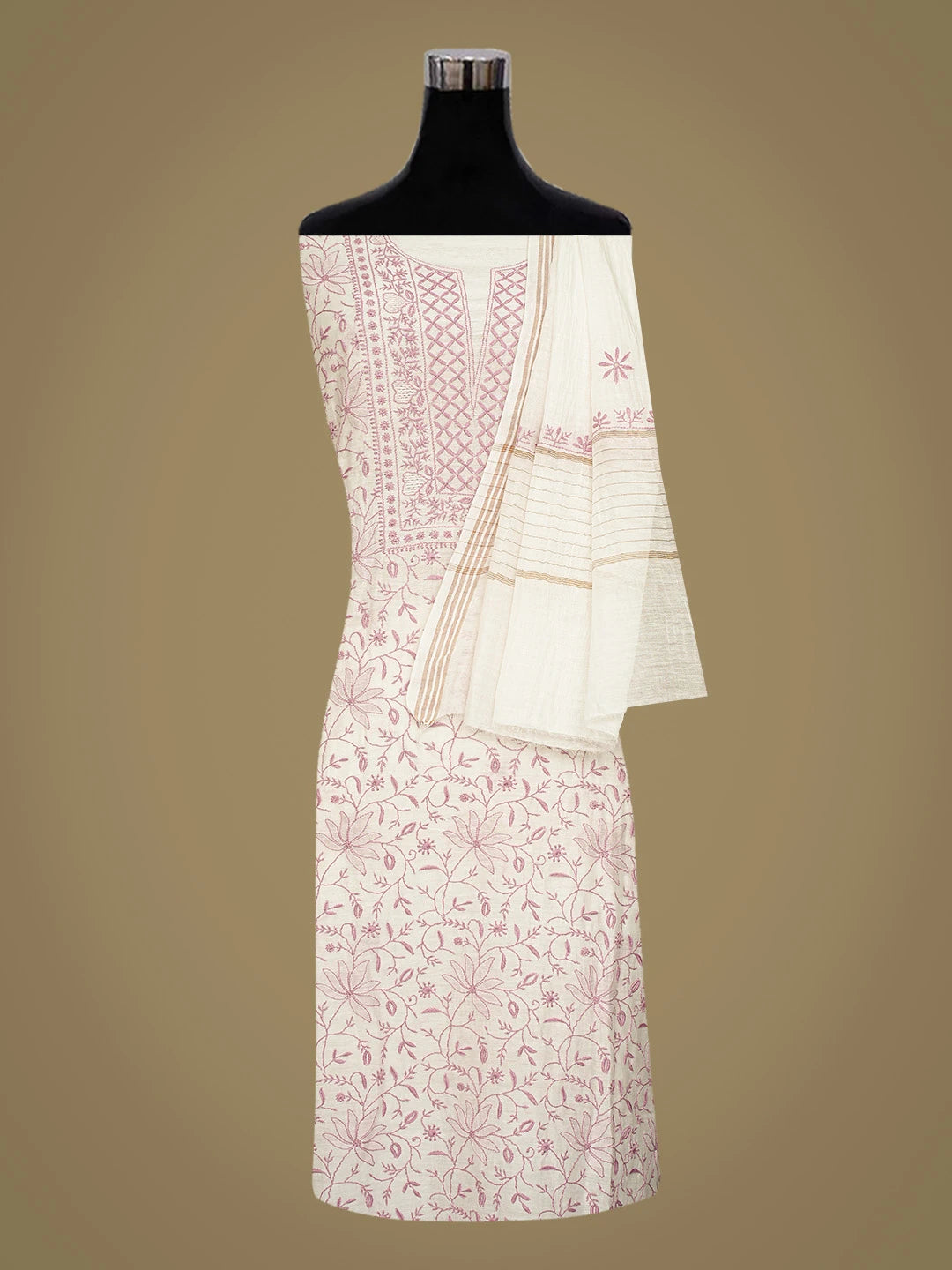 Ada Hand Embroidered White Chanderi Lucknowi Chikankari Unstitched Kurta Dupatta Set 01A821745