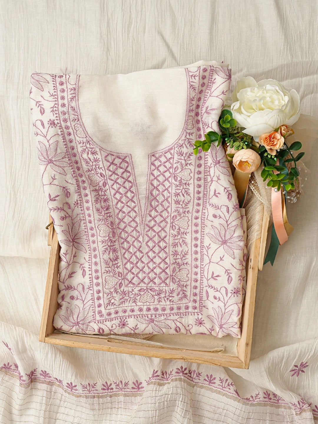 Ada Hand Embroidered White Chanderi Lucknowi Chikankari Unstitched Kurta Dupatta Set 01A821745