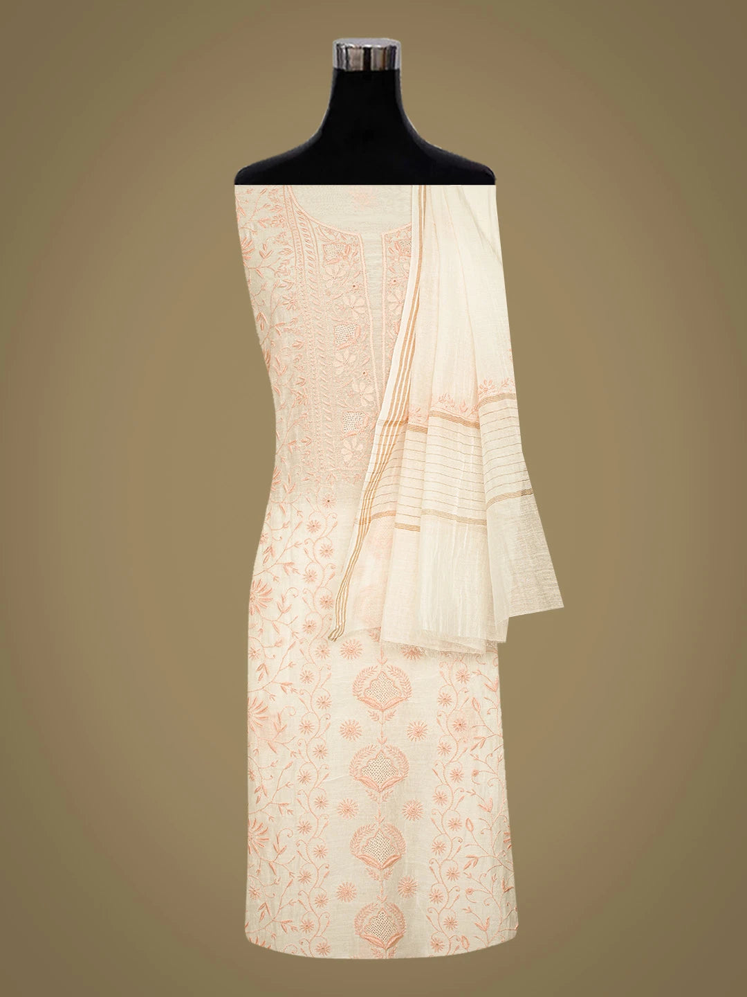 Ada Hand Embroidered White Chanderi Lucknowi Chikankari Unstitched Kurta Dupatta Set 08A500827