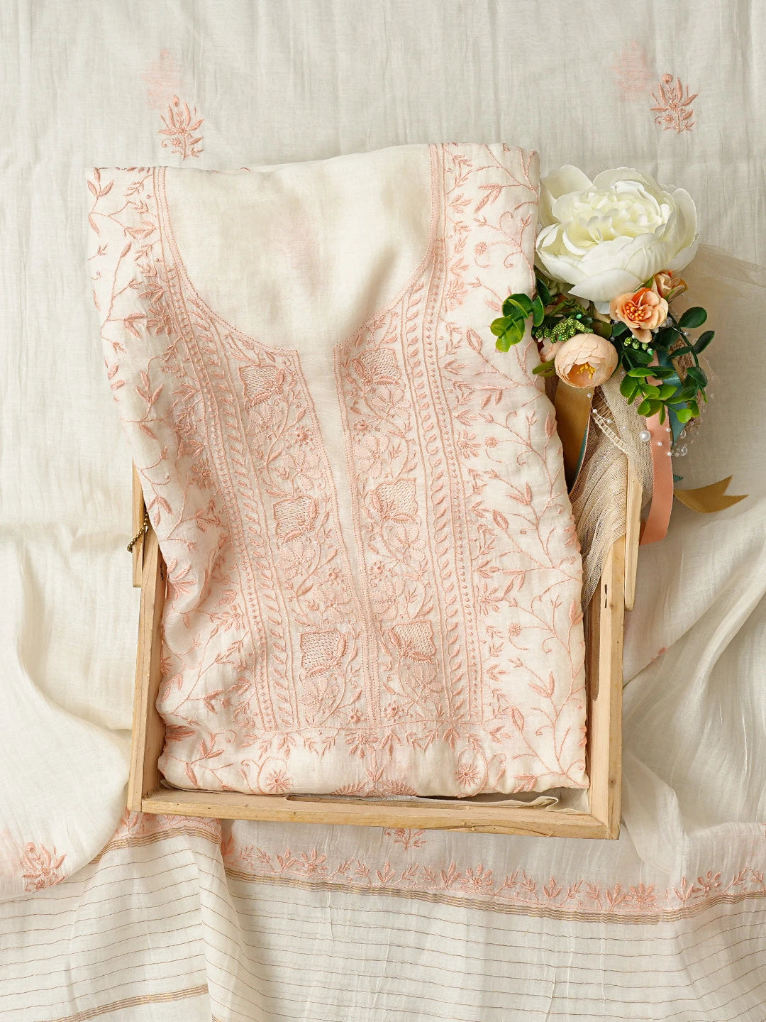 Ada Hand Embroidered White Chanderi Lucknowi Chikankari Unstitched Kurta Dupatta Set 08A500827