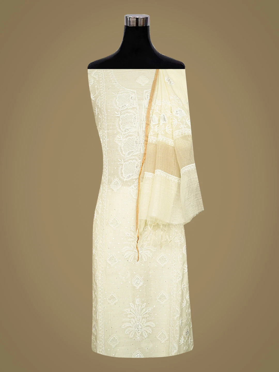 Ada Hand Embroidered Lemon Chanderi Lucknowi Chikankari Semi-stitched Kurta Dupatta Set With Cutdana Work 01A776869