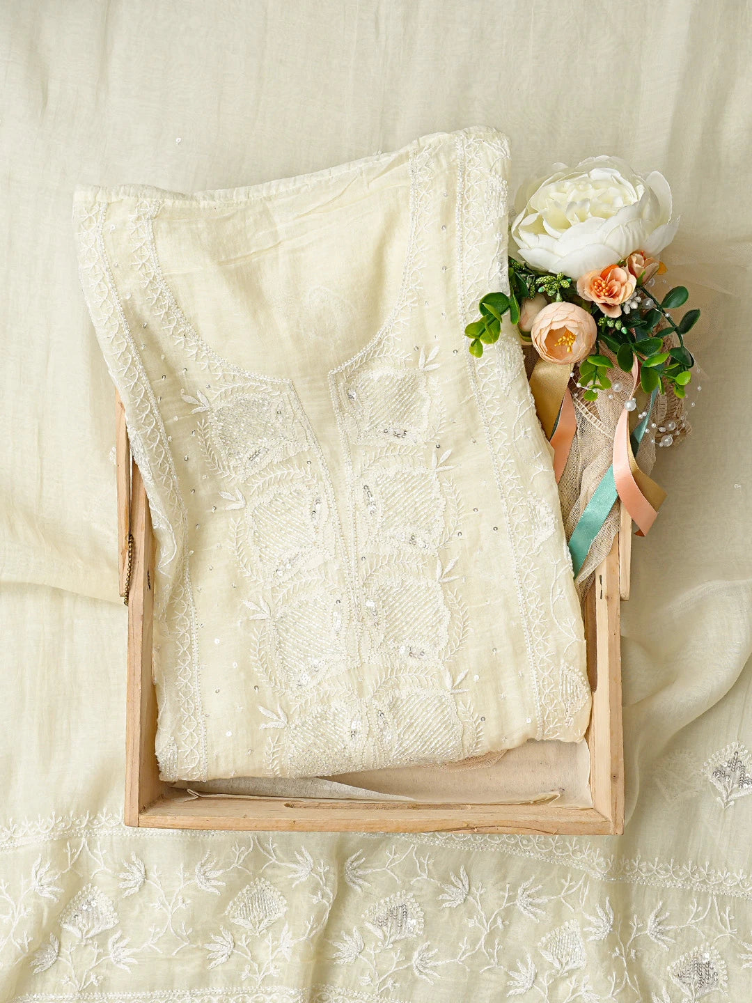 Ada Hand Embroidered Lemon Chanderi Lucknowi Chikankari Semi-stitched Kurta Dupatta Set With Cutdana Work 01A776869