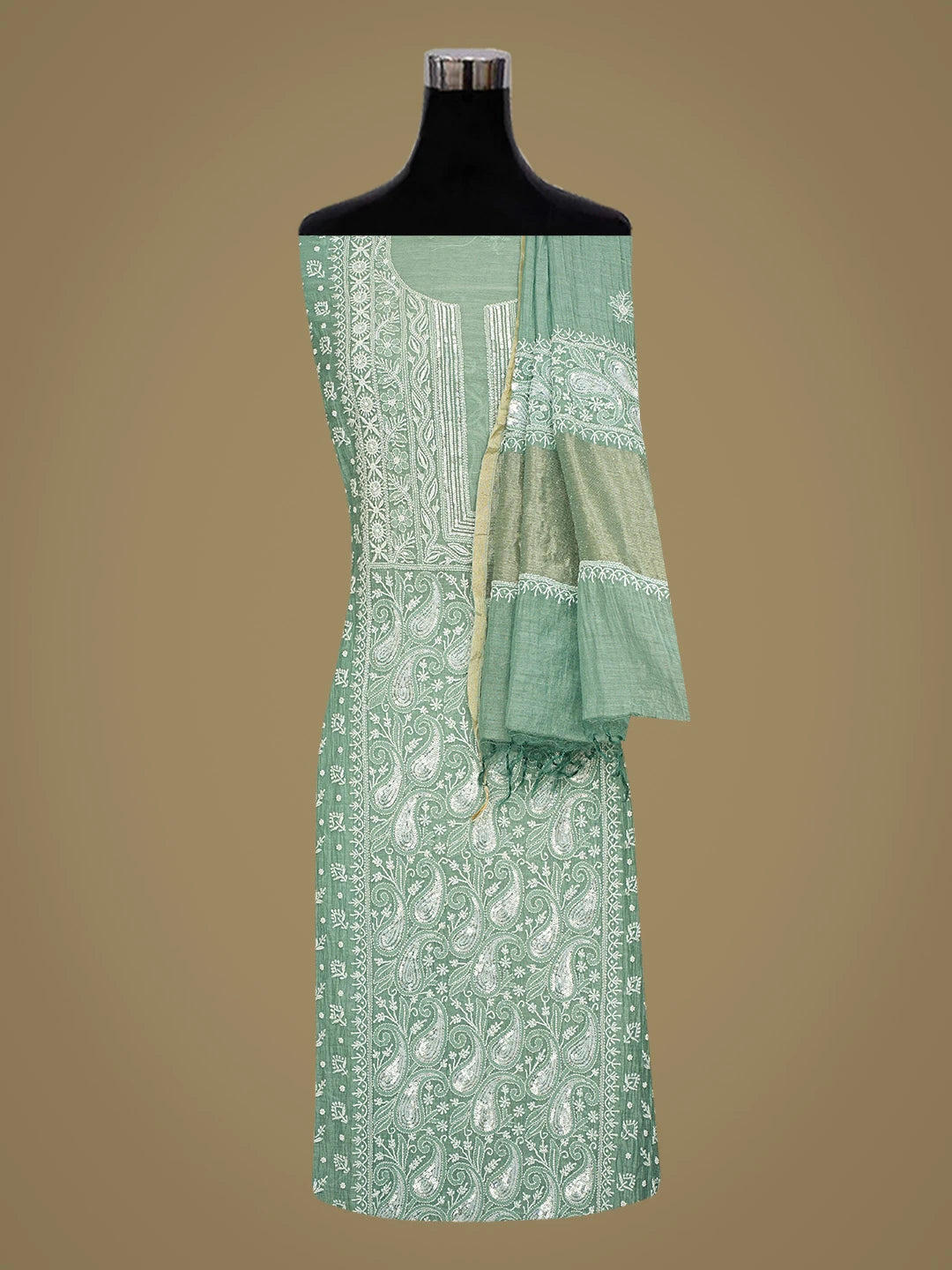 Ada Hand Embroidered Teal Green Chanderi Lucknowi Chikankari Semi-stitched Kurta Dupatta Set With Pearl Work 01A660719