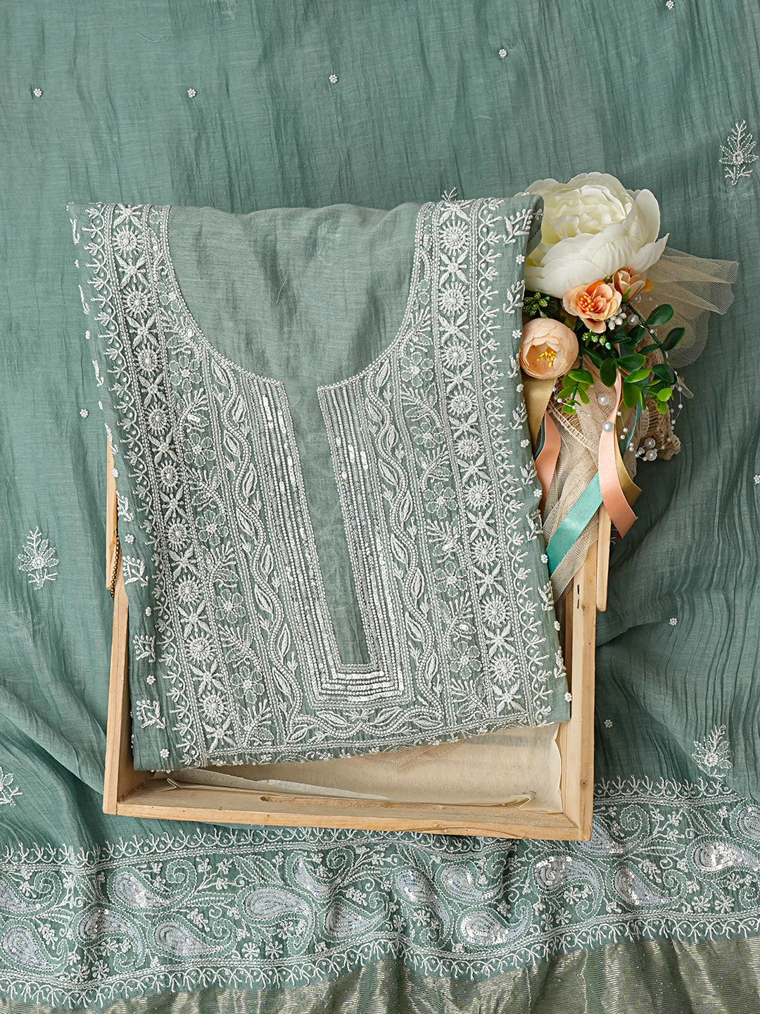 Ada Hand Embroidered Teal Green Chanderi Lucknowi Chikankari Semi-stitched Kurta Dupatta Set With Pearl Work 01A660719