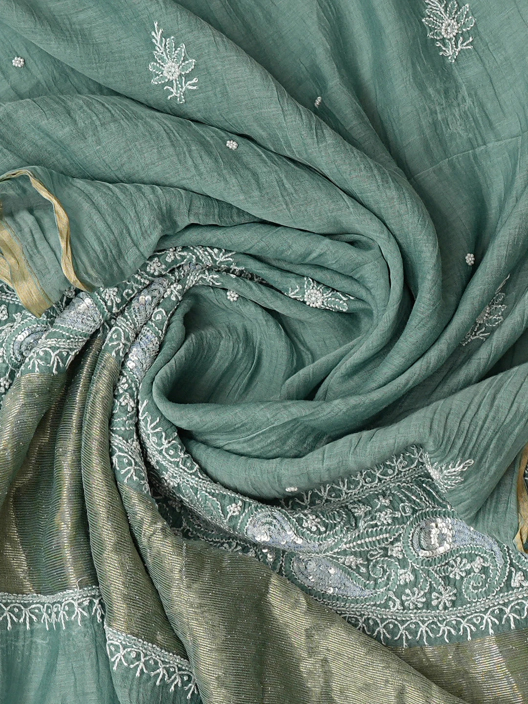 Ada Hand Embroidered Teal Green Chanderi Lucknowi Chikankari Semi-stitched Kurta Dupatta Set With Pearl Work 01A660719