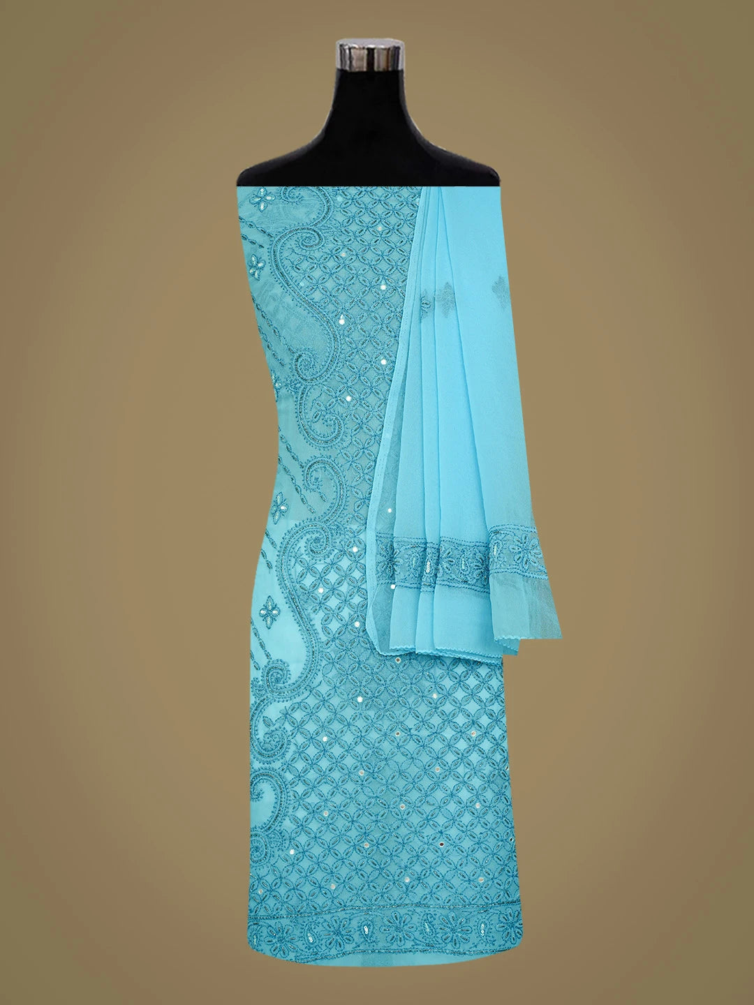 Ada Hand Embroidered Blue Georgette Lucknowi Chikankari Unstitched Suit Piece With Mirror Work 01A384117