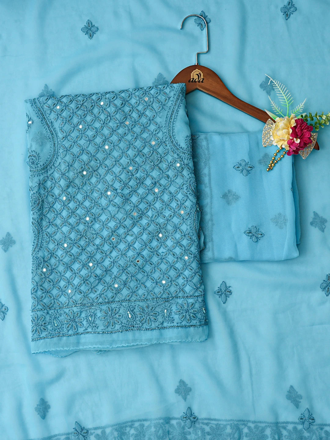 Ada Hand Embroidered Blue Georgette Lucknowi Chikankari Unstitched Suit Piece With Mirror Work 01A384117