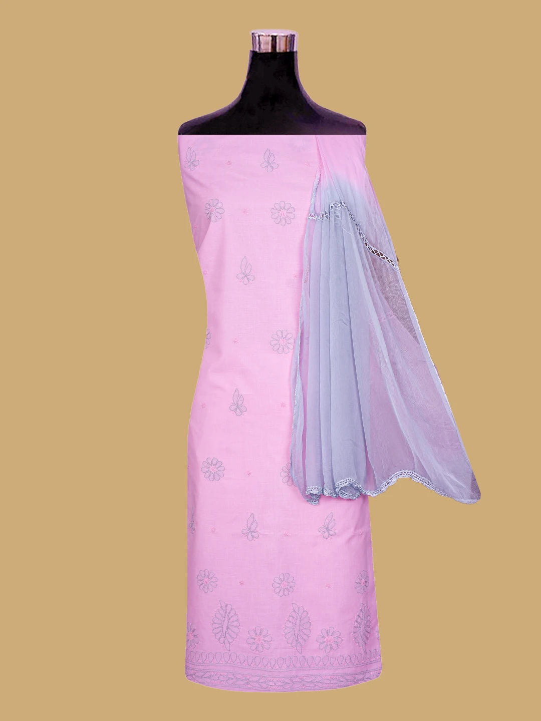 Ada Hand Embroidered Pink Cotton Lucknowi Chikankari Unstitched Suit Piece 01A818715