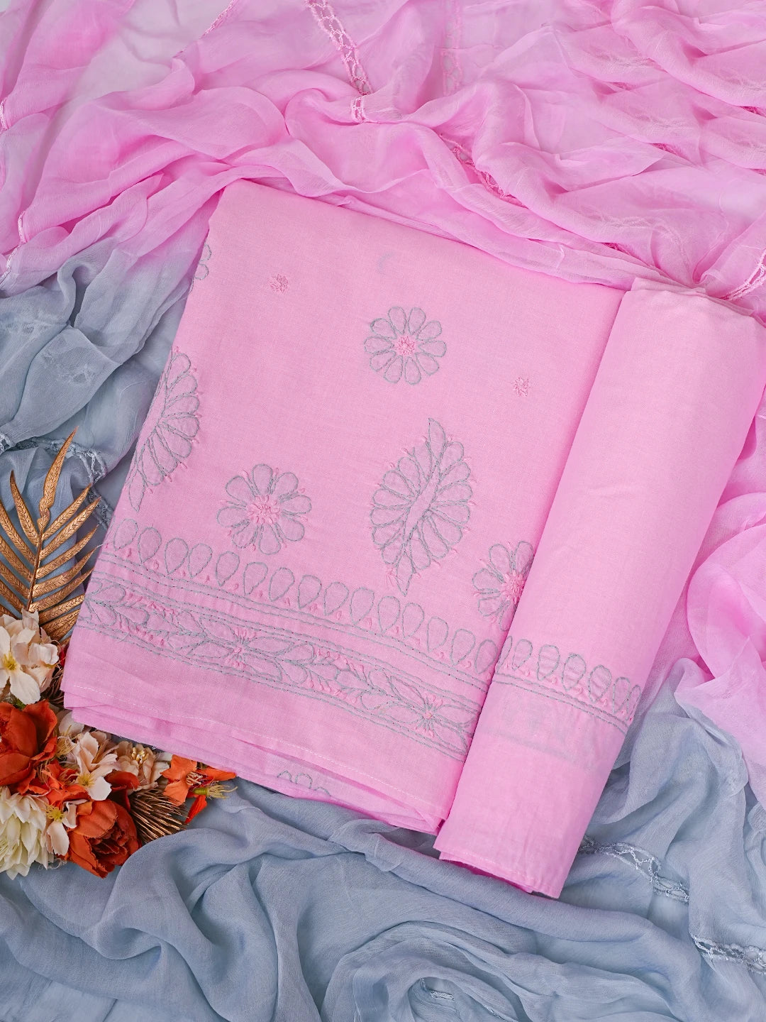 Ada Hand Embroidered Pink Cotton Lucknowi Chikankari Unstitched Suit Piece 01A818715
