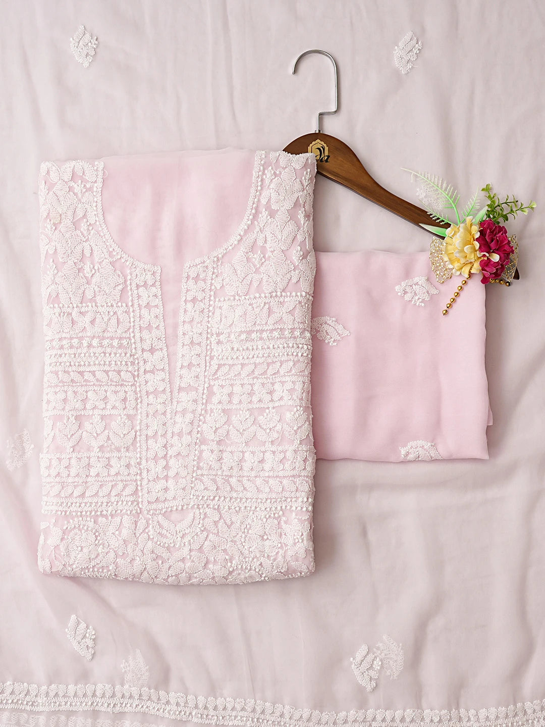 Ada Hand Embroidered Pink Georgette Lucknowi Chikankari Unstitched Suit Piece 01A823331