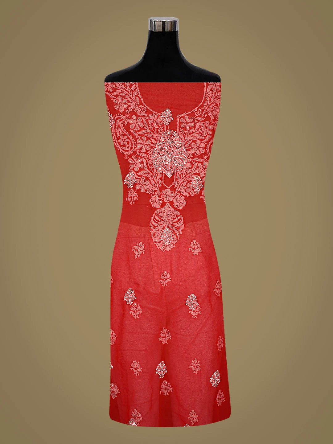 Ada Hand Embroidered Red Georgette Lucknowi Chikankari Unstitched Suit Piece With Mukaish Work 01A571002