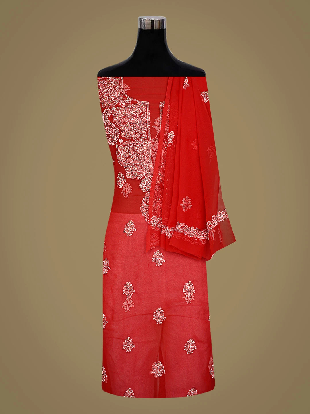 Ada Hand Embroidered Red Georgette Lucknowi Chikankari Unstitched Suit Piece With Mukaish Work 01A571002