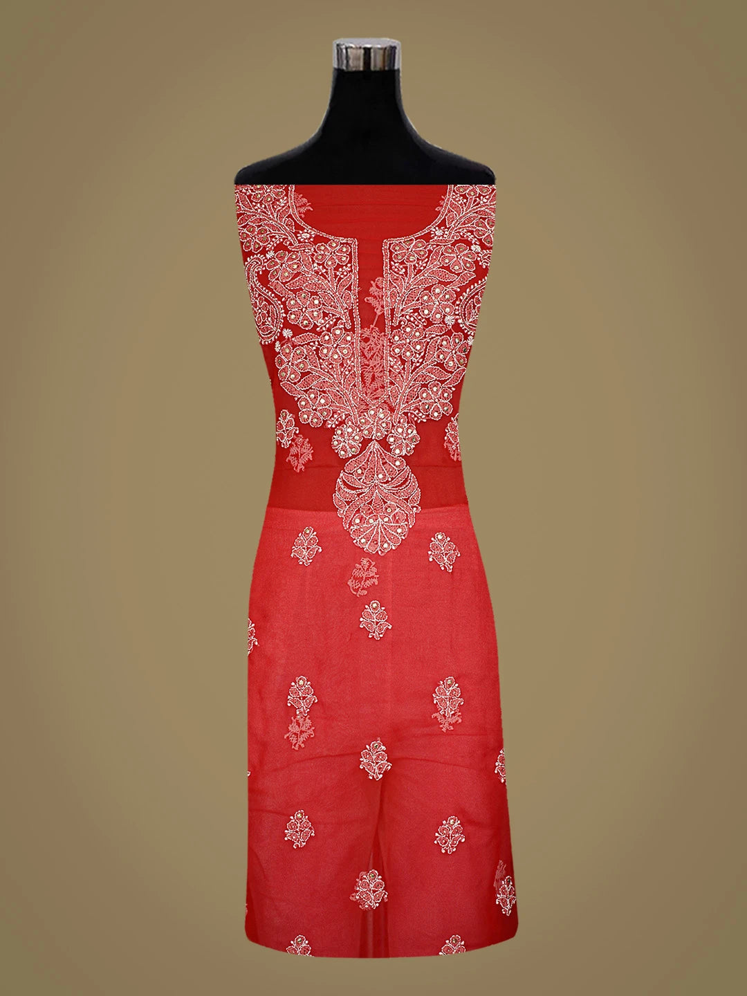 Ada Hand Embroidered Red Georgette Lucknowi Chikankari Unstitched Suit Piece With Mukaish Work 01A571002