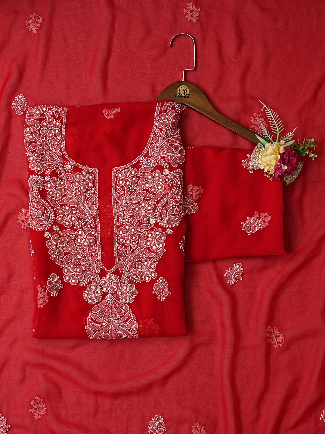 Ada Hand Embroidered Red Georgette Lucknowi Chikankari Unstitched Suit Piece With Mukaish Work 01A571002